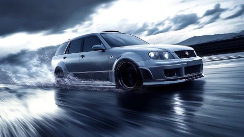 Sleek silver wagon racing confidently through glossy rain.