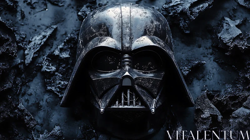 Black helmet lies on textured dark surface under hard light