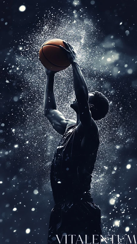 Basketball player holding ball overhead amid particle field.