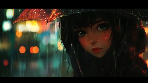 Moody anime girl under rain-soaked umbrella, neon city bokeh
