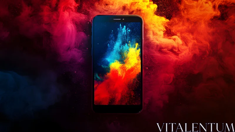 Modern smartphone with vibrant abstract color explosion background.