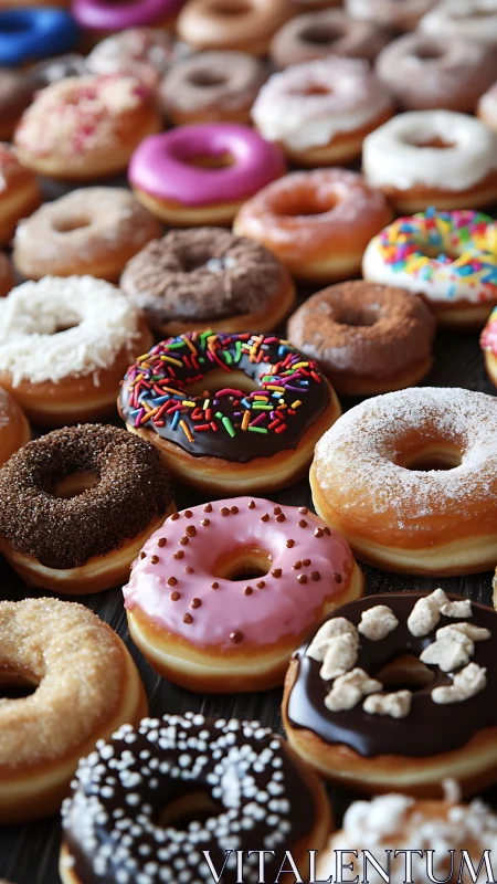 Colorful frosted donuts line up in an inviting dessert spread.