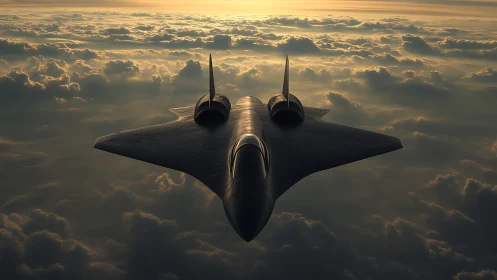 Sleek black jet glides above glowing clouds at golden sunset