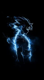 Energy-outlined anime figure stands in profile on black field