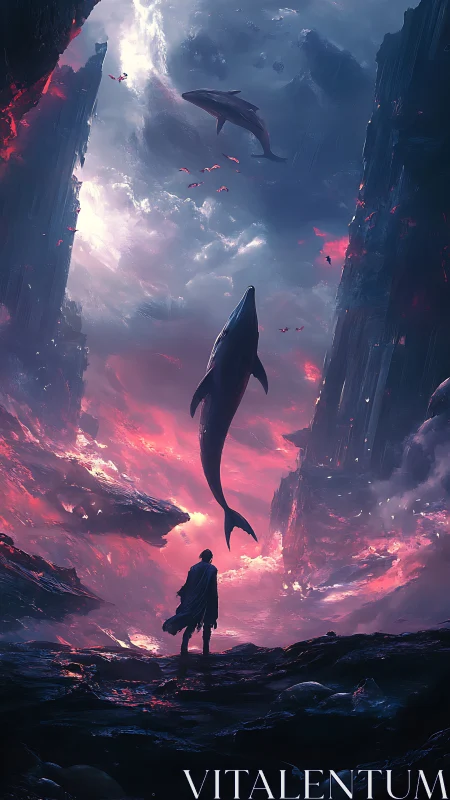 Human figure observing floating whales in vertical canyon.