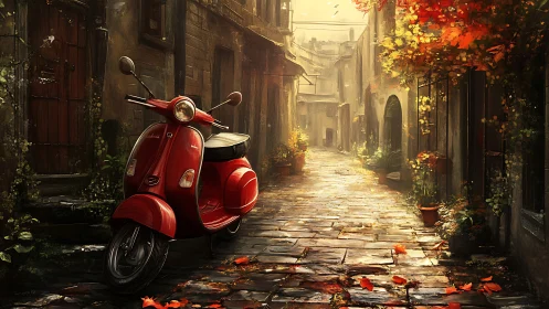 Red scooter in sunlit old alley with autumn leaves.