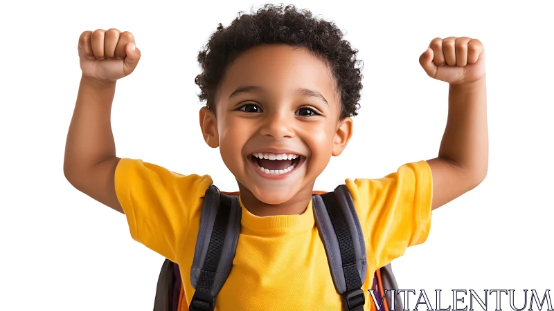 Joyful Child Celebrates Success with Arms Raised High