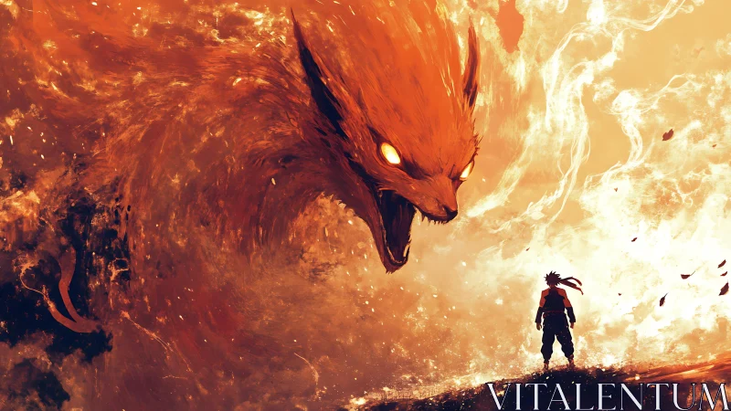 Fiery fox entity towers over lone warrior in high-contrast blaze