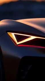Angular concept car headlight in dramatic dusk close-up.