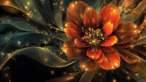 Luminous orange fractal flower over swirling dark backdrop.