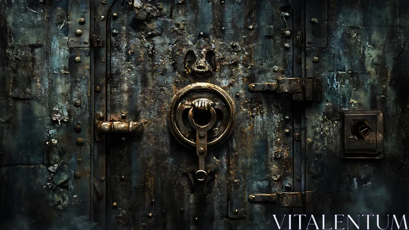 Rusted metal vault door with heavy circular knocker.