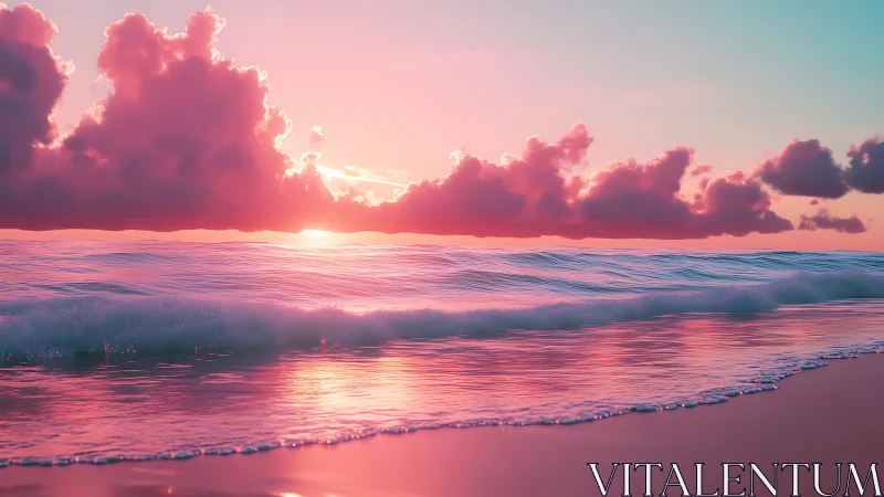 Sunset horizon aligns with low clouds above reflective shore