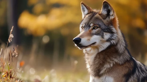 Golden hour wolf gazing calmly across an autumn meadow.