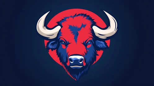 Red and blue bison head logo dominates dark circular field