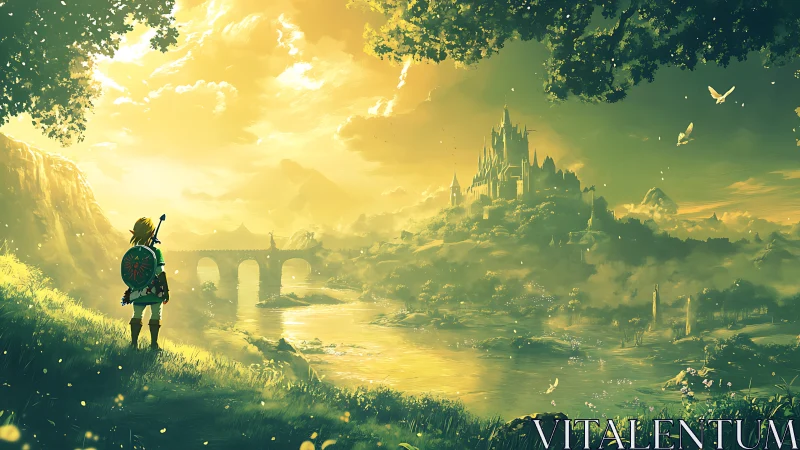 Figure surveys illuminated valley landscape with distant castle