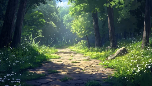 Sunlit forest path invites wanderers into peaceful woodland magic.