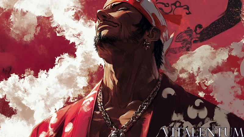 Storm-red ronin rides the skywind with a fearless grin.