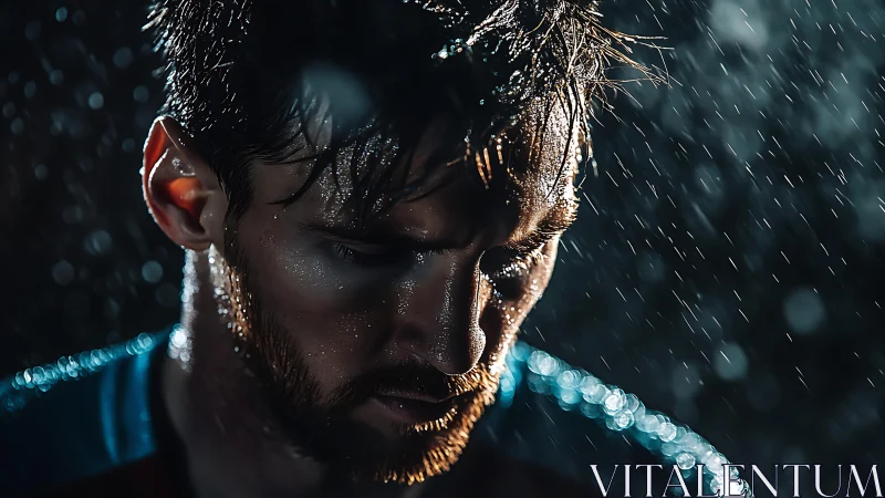 Close-up portrait of wet male athlete under falling water.