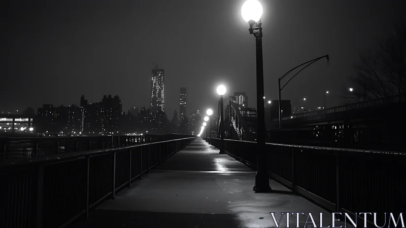 Nocturnal waterfront pier with axial lamppost array, monochrome.