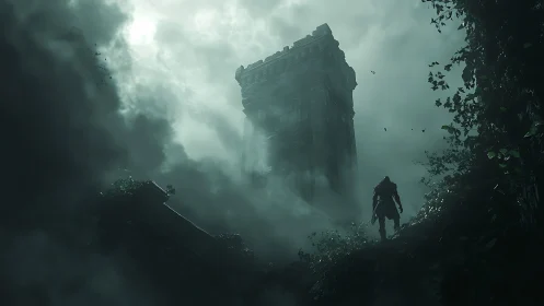 Shrouded tower rises above mist as lone wanderer approaches