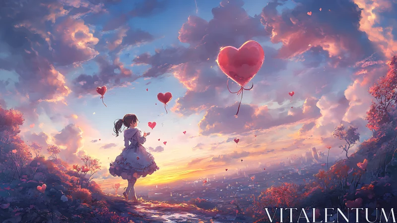Girl With Heart Balloons at Sunset.