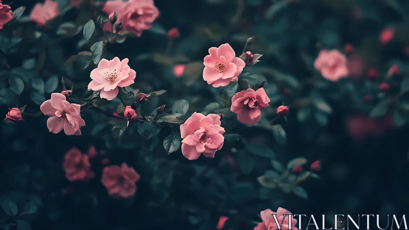 Pink garden roses bloom in moody dark foliage.
