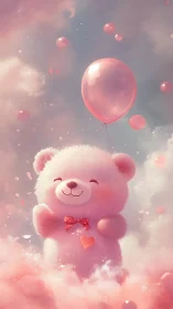 Blush-cloud teddy bear drifting skyward with rosy balloon dreams.