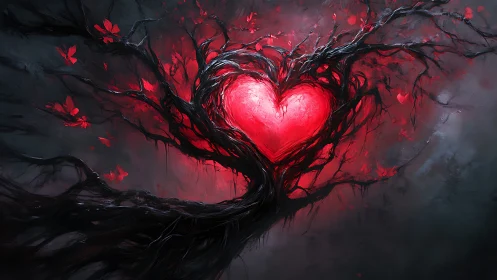 Luminescent Heart Tree Blazing Through Obsidian Darkness.