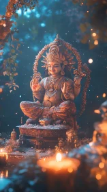 Ornate Hindu deity statue illuminated by warm ritual candles