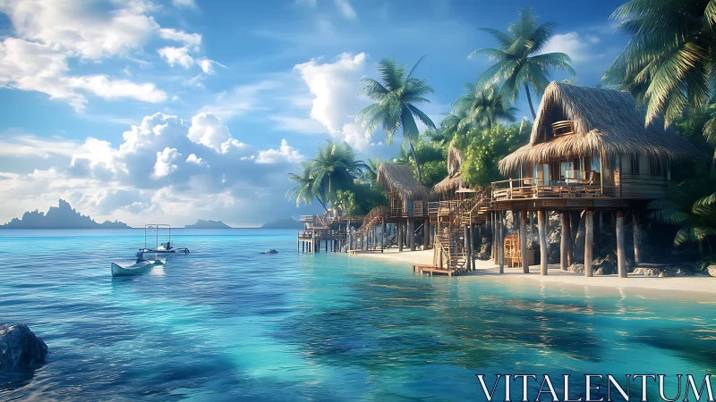 Overwater Structures on Tropical Island with Anchored Vessel.