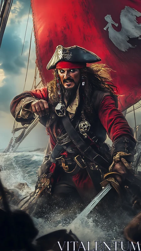 Fierce pirate captain charging across stormy ship deck.