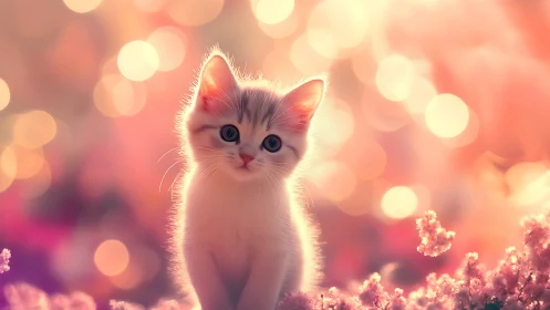 White kitten positioned centrally against soft bokeh background
