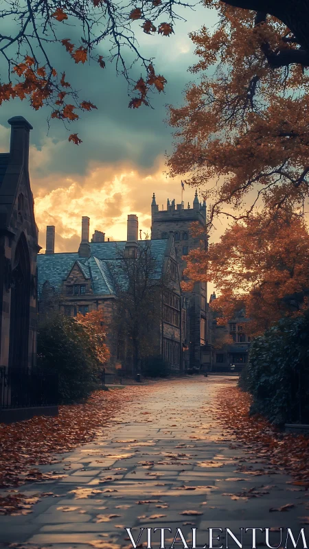 Autumn cloister street frames neo-gothic college tower at dusk