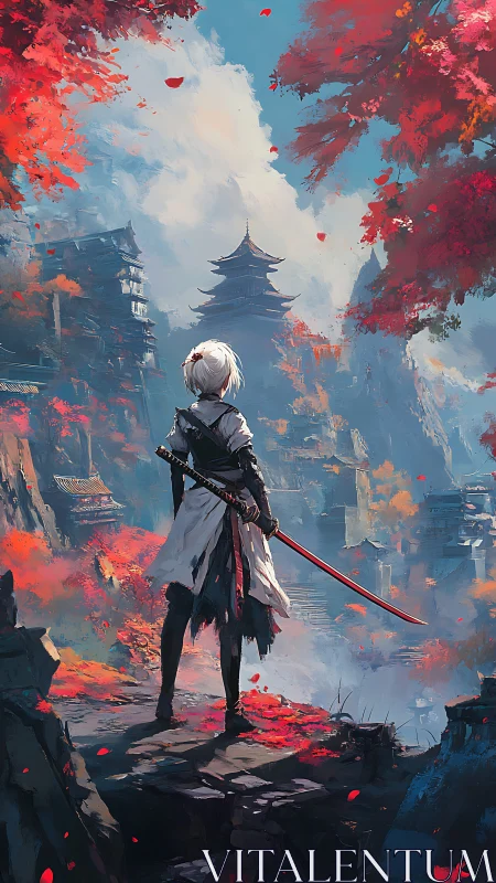 Lone swordsman overlooking misty pagoda valley at dawn.