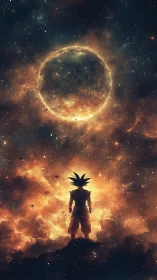 Saiyan warrior silhouettes against burning cosmic sphere.