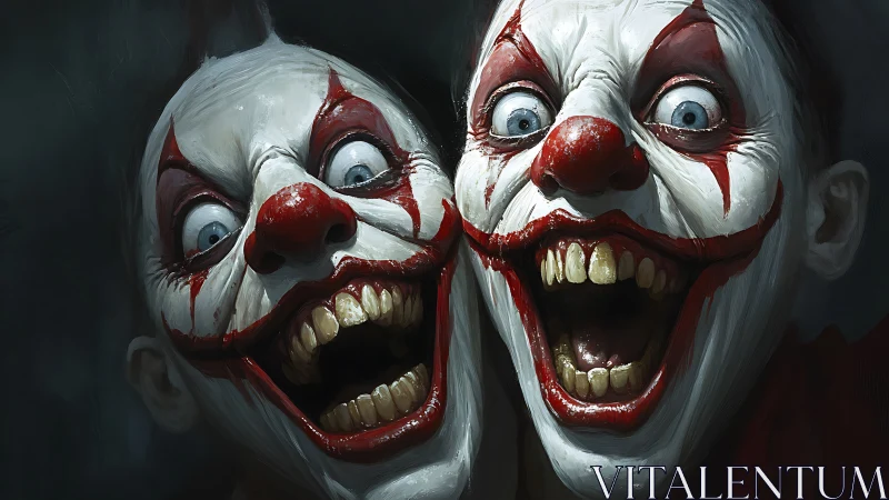 Grotesque twin clowns in hyperreal close-up horror portrait