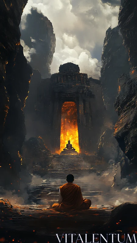 Monk before flaming mountain shrine and luminous gateway.