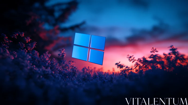 Windows logo floating over neon sunset landscape scene.