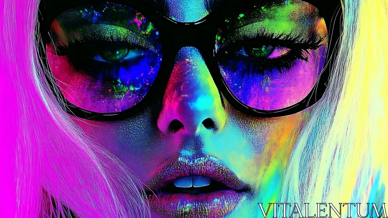 Neon dreamer gazing through cosmic rainbow glasses.