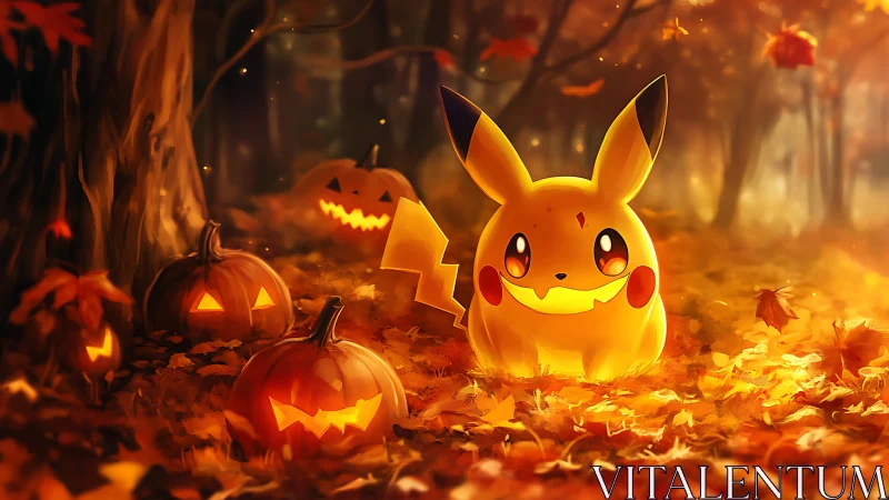 Pikachu among carved pumpkins in autumn forest setting.