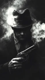 Shadowed noir detective stands poised in swirling smoke