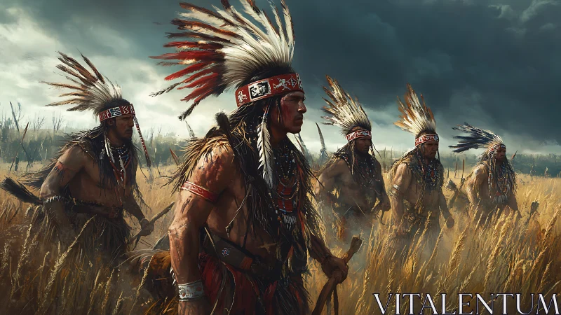 Group of Plains warriors moving through tall grassland field.