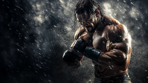 Athletic man in boxing stance with gloves in rain.