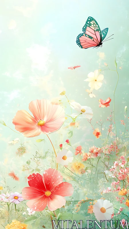 Soft Pastel Garden Symphony: Morpho Butterfly with Cosmos Florals