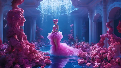 Barbie pink gown in luminescent neoclassical floral grotto