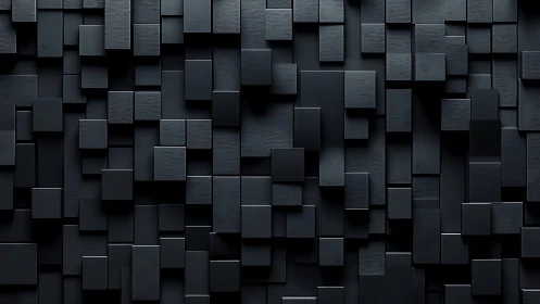 3D staggered black cube relief wall in minimal geometric composition.