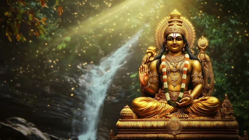 Golden Hindu deity statue glows before misty forest waterfall