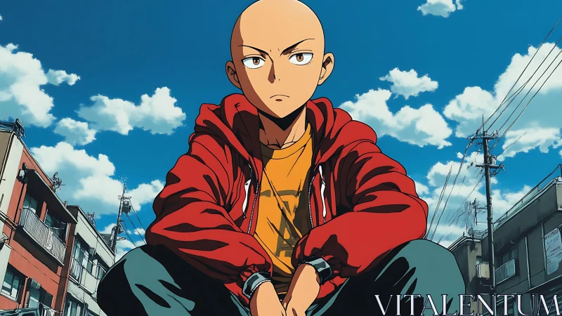 Bald anime teen crouches in urban alley under high contrast sky