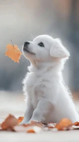 White puppy watching autumn leaf in soft bokeh glow.