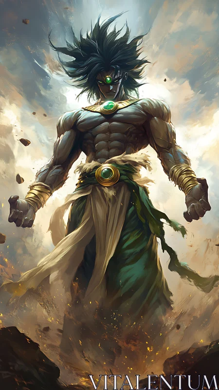 Mythic warrior ascends through swirling celestial storm.